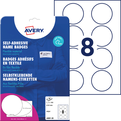 AVERY Zweckform Inkjet-Namens-Etiketten, 65 mm, rund, wei