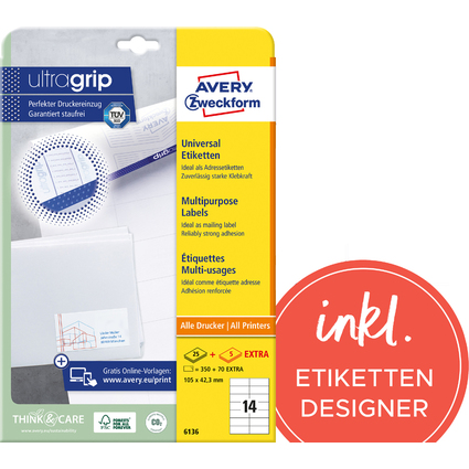AVERY Zweckform Universal-Etiketten, 105 x 42,3 mm, wei