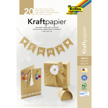 folia Kraftpapier-Block, DIN A4, 20 Blatt, sortiert