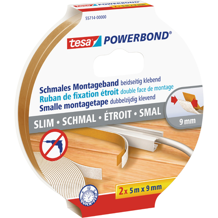 tesa Powerbond Montageband Schmal, 2 x 9 mm x 5 m, transp.