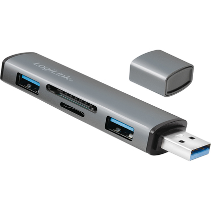 LogiLink USB 3.2 Gen2 Hub mit Kartenleser, 2 Port, alu