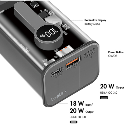 LogiLink Powerbank mit Display, 10.000 mAh, schwarz