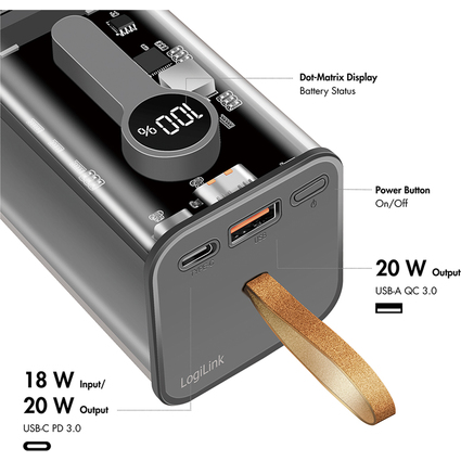 LogiLink Powerbank mit Display, 20.000 mAh, schwarz