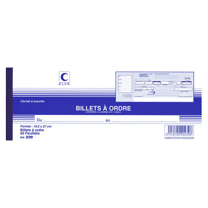 ELVE Carnet  souche "Billets  ordre", 102 x 270 mm