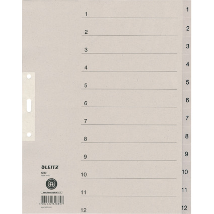 LEITZ Tauenpapier-Register, Zahlen, A4 berbreite, 1-12,grau