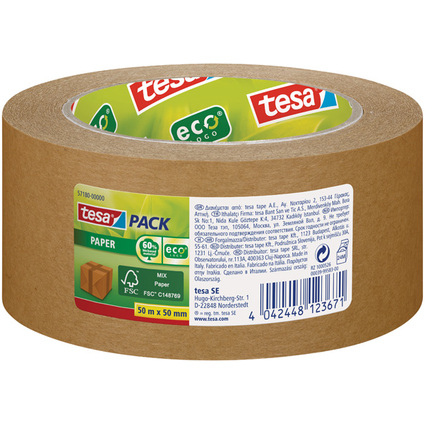 tesapack PAPER ecoLogo Verpackungsklebeband, 50 mm x 50 m