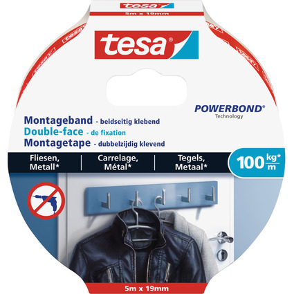 tesa Powerbond Montageband fr Fliesen/Metall, 19 mm x 5,0 m