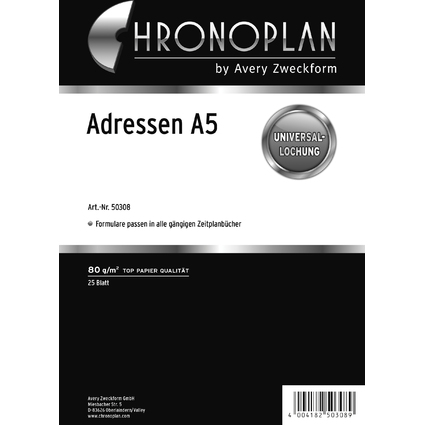 CHRONOPLAN Adressen, DIN A5, 80 g/qm, 25 Blatt