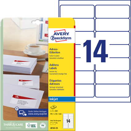 AVERY Zweckform Inkjet Adress-Etiketten, 99,1 x 38,1 mm