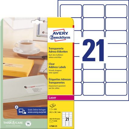 AVERY Zweckform Transparente Adress-Etiketten, 63,5 x 38,1mm