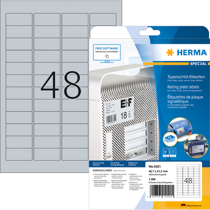 HERMA Typenschild-Etiketten SPECIAL, 45,7 x 21,2 mm, silber