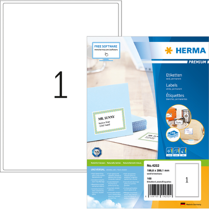 HERMA Universal-Etiketten PREMIUM, 199,6 x 289,1 mm, wei
