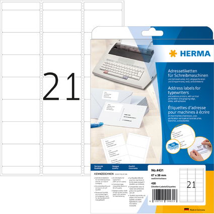 HERMA Adress-Etiketten, 67 x 38 mm, Ecken abgerundet, wei