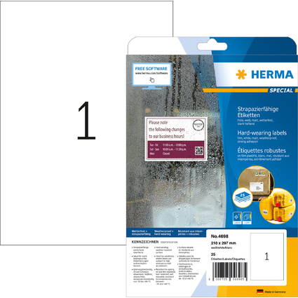 HERMA Folien-Etiketten SPECIAL, 210 x 297 mm, wei