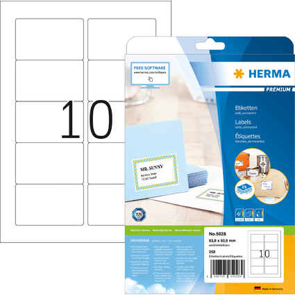 HERMA Universal-Etiketten PREMIUM, 83,8 x 50,8 mm, wei