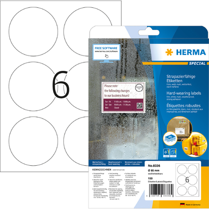 HERMA Folien-Etiketten SPECIAL, Durchmesser: 85 mm, wei