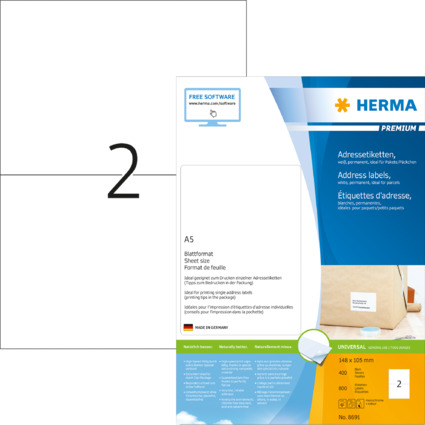 HERMA Universal-Etiketten PREMIUM, 148,5 x 105 mm, wei