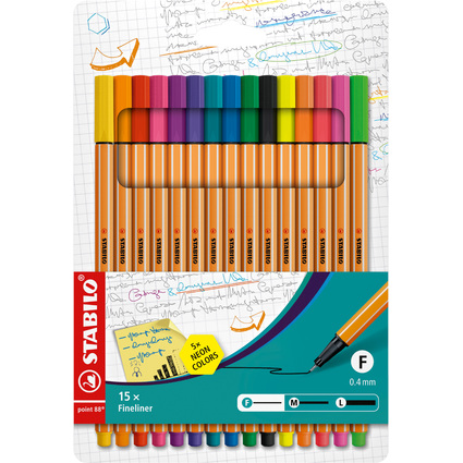 STABILO Fineliner point 88, 15er Kunststoff-Etui, Neonfarben