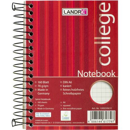 LANDR Notebook "college" DIN A6, 160 Blatt, kariert