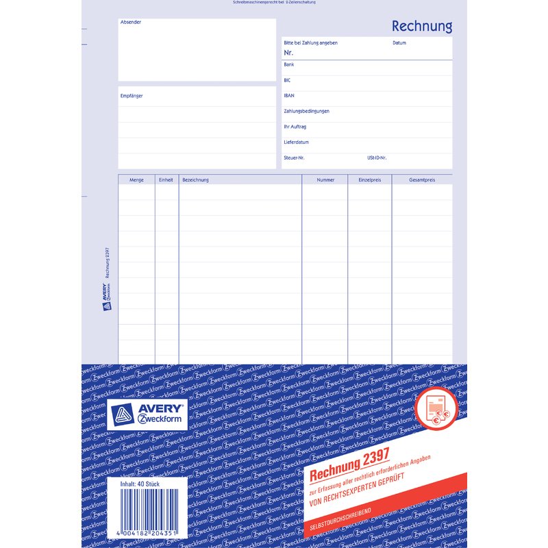 Avery Zweckform Vordruck Rechnung 3 Fach Satz Sd A4 2397 Bei Www