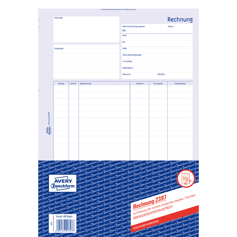Avery Zweckform Vordruck Rechnung 3 Fach Satz Sd A4 2397 Bei Www