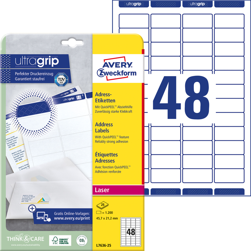 AVERY Zweckform Inkjet Adress Etiketten 45,7 x 21,2 mm weiß 1.200 Etiketten