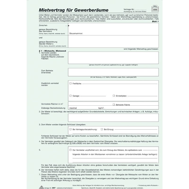 Rnk Verlag Vordruck Mietvertrag Für Gewerberäume Sd 597 Bei Www