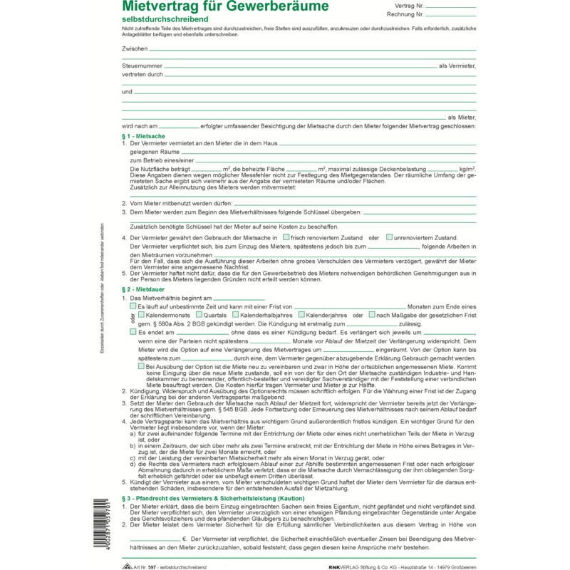 Rnk Verlag Vordruck Mietvertrag Für Gewerberäume Sd 597 Bei Www
