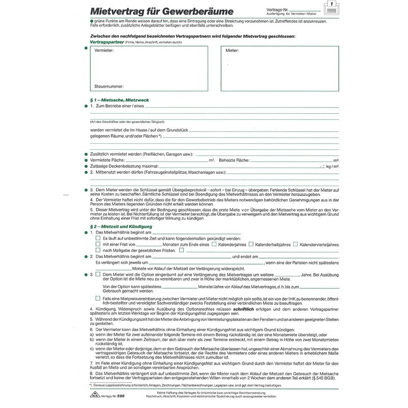 Rnk Verlag Vordruck Mietvertrag Für Gewerberäume Din A4 59810
