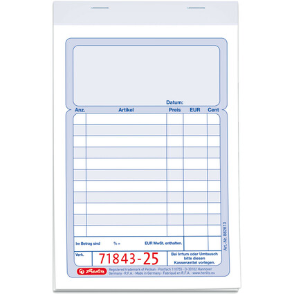 herlitz Formularbuch "Kassenblock", DIN A6, 2 x 50 Blatt