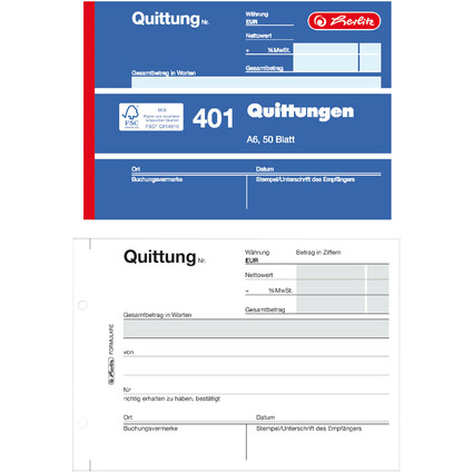herlitz Formularbuch "Quittung 401", DIN A6, 50 Blatt